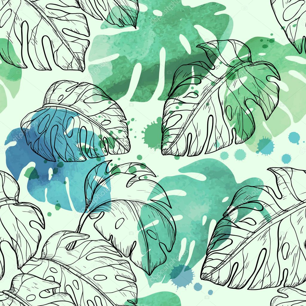 Abstract watercolor seamless leaves pattern with tropical leaves