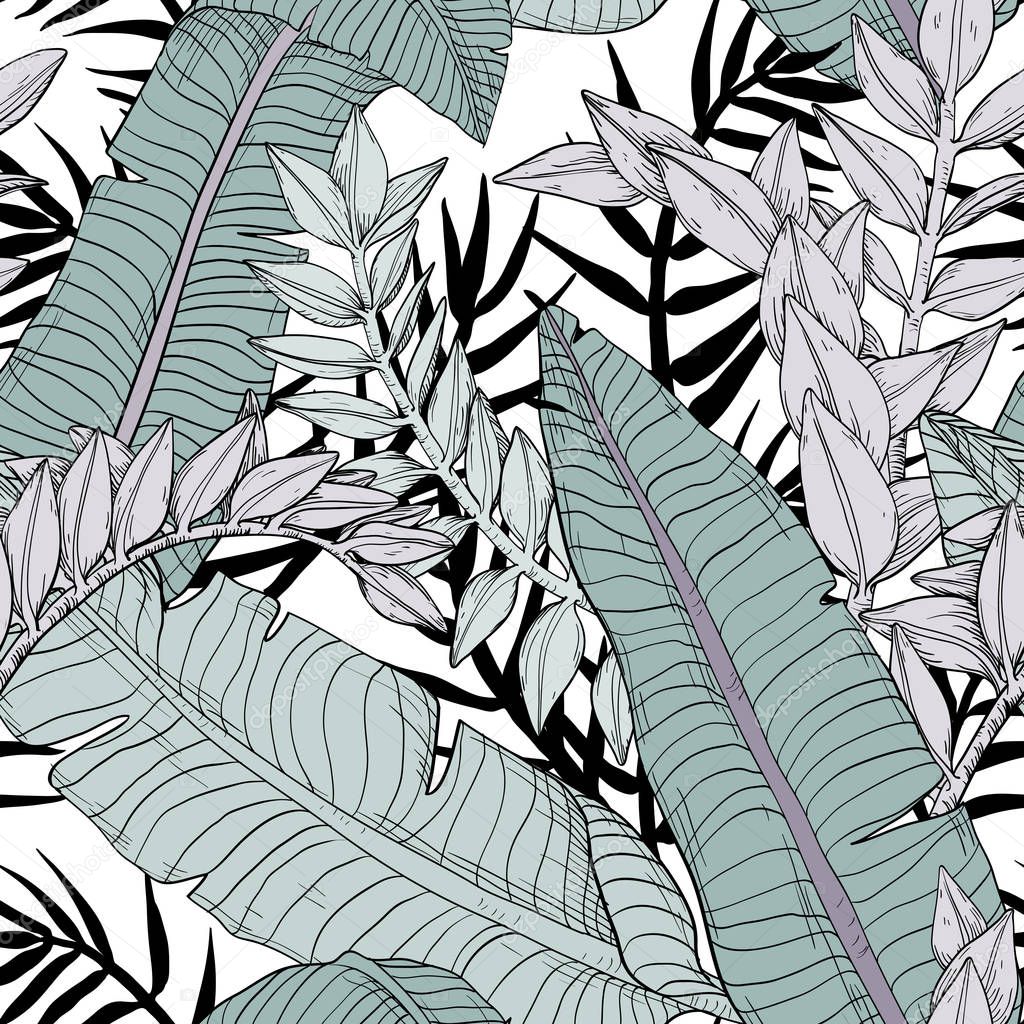Floral seamless leaves pattern with tropical plants
