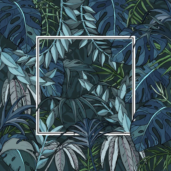 Тропический фон с листьями джунглей и белой рамкой — стоковый вектор