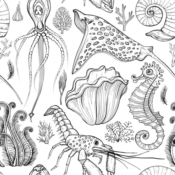 Nahtloses Muster mit handgezeichneten Lebewesen aus dem Tiefwasser. schwarz-weiß — Stockvektor
