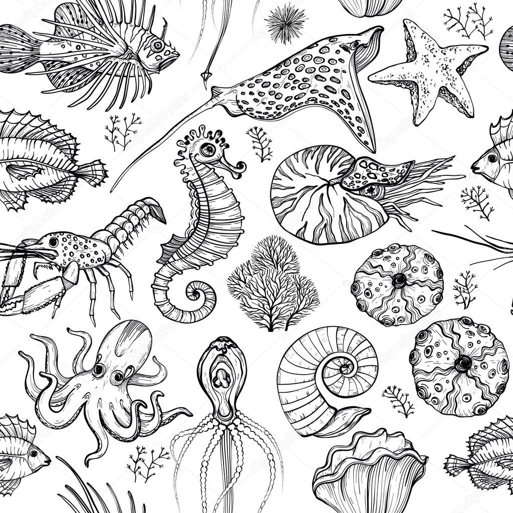 Seamless pattern with hand drawn marine life. Black and white