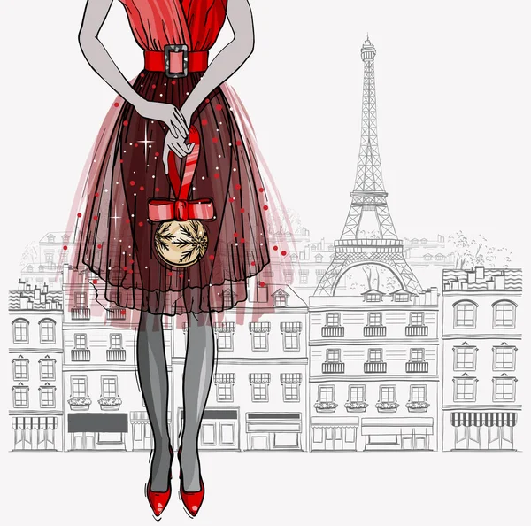 Natale e nuovo anno carta vettoriale moda. Grazioso design delle vacanze nella città di Parigi — Vettoriale Stock