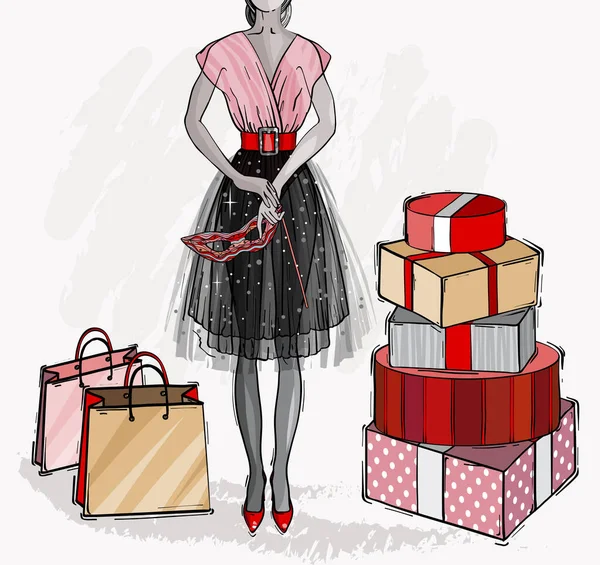 Navidad y año nuevo tarjeta vectorial de moda. Ilustración de vacaciones con cajas de regalo . — Archivo Imágenes Vectoriales