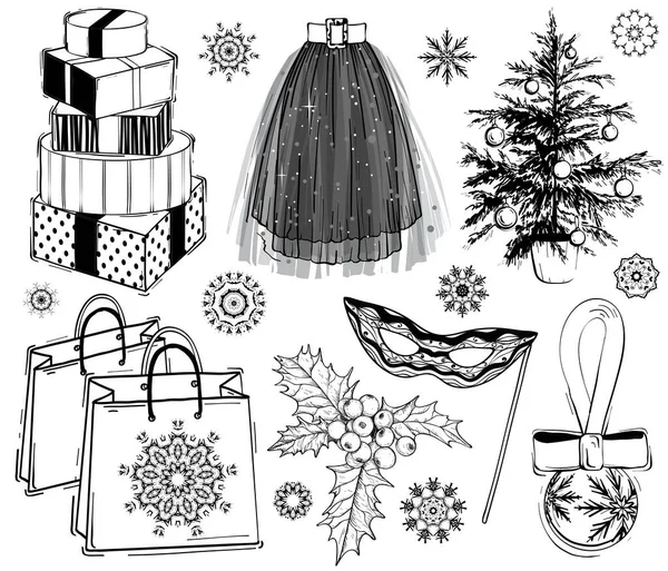 Різдвяний та новорічний векторний набір моди. Свята ілюстрація з подарунковими коробками та ялинковими рослинами, масками, сумками та вечірньою спідницею, чорно-білими — стоковий вектор