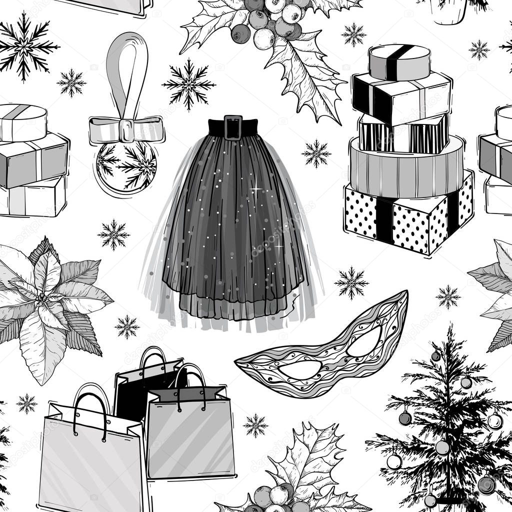 Christmas and new year fashion vector seamless pattern. Holidays illustration with gift boxes and Christmas tree plant, mask, shopping bags and party skirt. Black and white