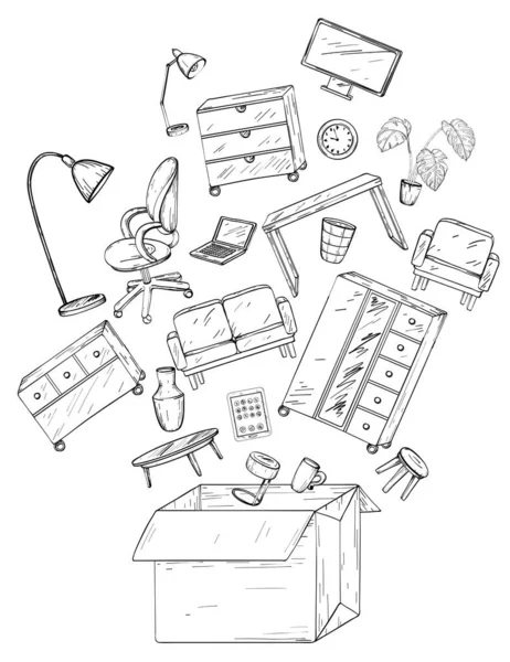 Mobilier de bureau et de maison dans la boîte, bureau mobile, déménagement de bureau. Noir et blanc — Image vectorielle