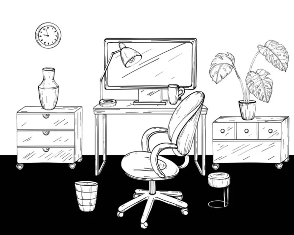Desktop, home office interior design. Black and white — 图库矢量图片