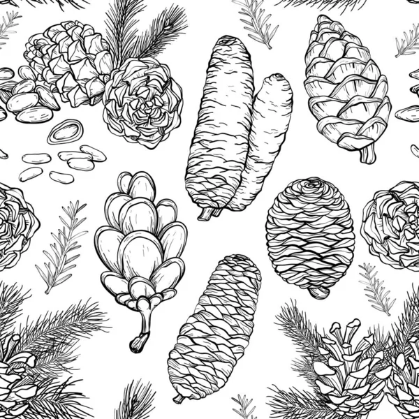 Nahtloses Muster mit handgezeichneten rustikalen naturbelassenen Zweigen und Zapfen. schwarz-weiß — Stockvektor