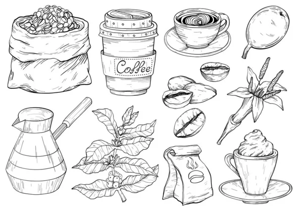 Collection of vintage coffee party icons. Hand drawn retro illustration with coffee, black and white — Stock Vector