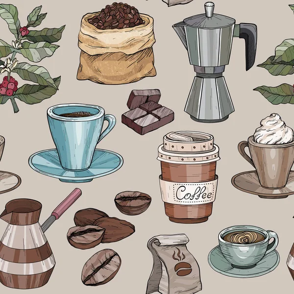 Sömlöst mönster med kaffefest Collection. Handritad retro illustration med kaffe — Stock vektor