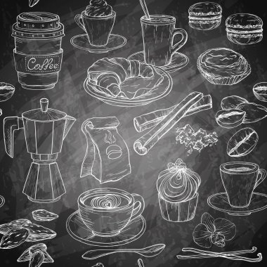 Kahve partisi tahsilatı, pasta ve tatlı ikonlarıyla kusursuz bir düzen. El çizimi Chalkboard tasarımı.