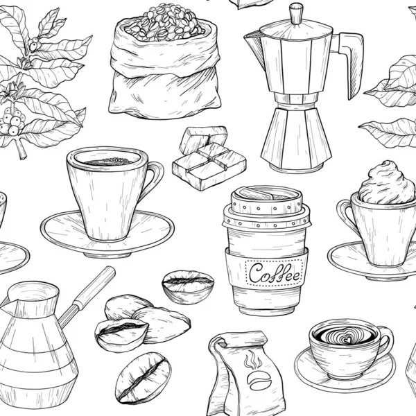 Patrón sin costuras con la colección de la fiesta del café. Ilustración dibujada a mano en blanco y negro con café — Archivo Imágenes Vectoriales