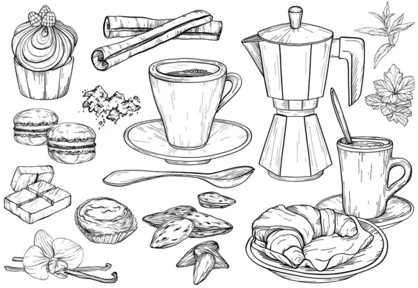 Fiesta pastelería, pasteles y dulces iconos. Ilustración dibujada a mano con pasteles y cupcakes. Set de café y té, blanco y negro . — Archivo Imágenes Vectoriales