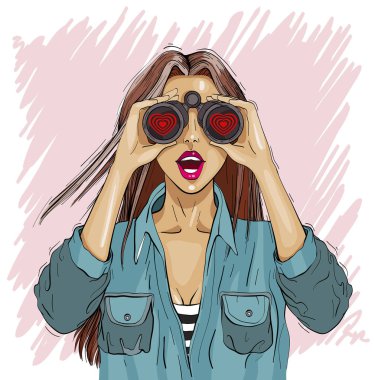 Surprised woman with binoculars with open mouth, surprised facial expression. Love partner search clipart