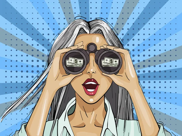 Arte Pop sorprendió a la mujer con binoculares con una señal de dólar, boca abierta, expresión facial sorprendida.. — Vector de stock