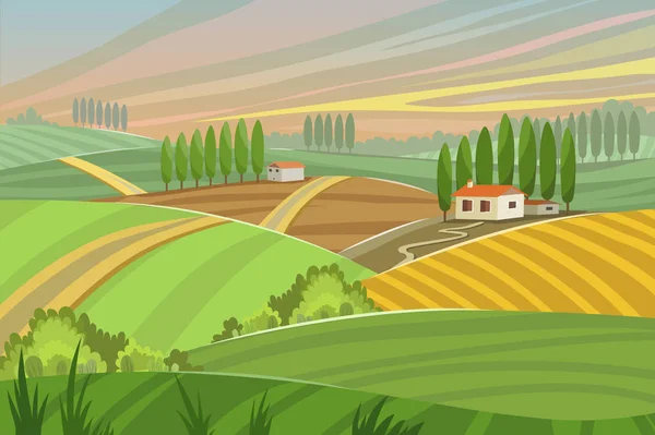 Paisaje rural en verano al atardecer — Archivo Imágenes Vectoriales