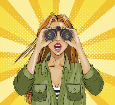 Pop art surprised woman with binoculars with a dollar sign, surprised facial expression. clipart