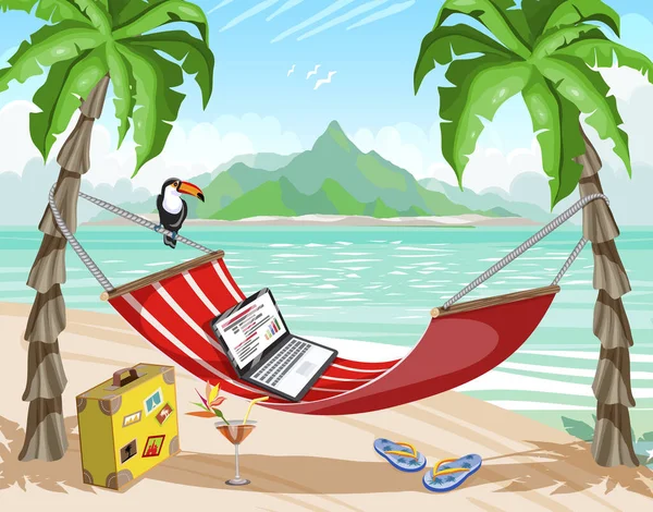 Cartaz de viagem, escritório numa ilha tropical, trabalho remoto. Escritório na praia tropical quente —  Vetores de Stock