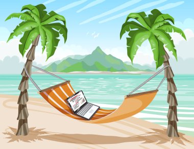 Tropik ada, uzak çalışma. Sıcak tropikal plajda dizüstü bilgisayar