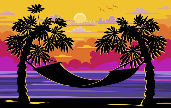Vacker solnedgång, soluppgång med palmer och hängmatta, avkopplande koncept, — Stock vektor