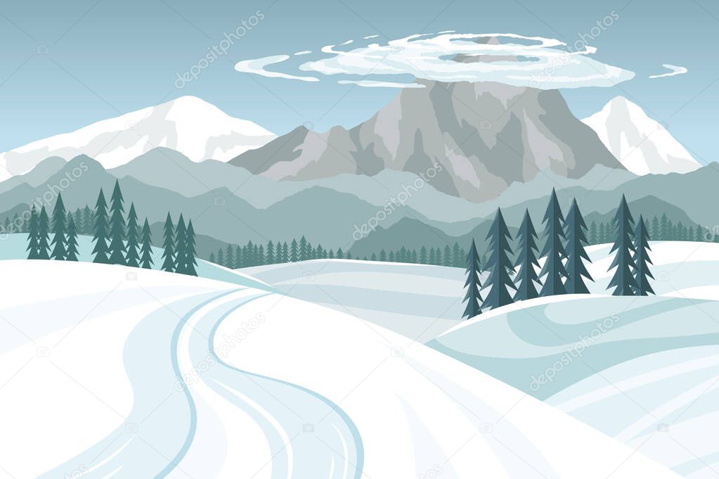 Winter landscape, snowy mountains on a blue sky with clouds