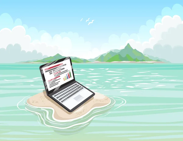 Песчаный остров с ноутбуком в солнечный день. Концепция фриланса или блога. Работа с удовольствием . — стоковый вектор