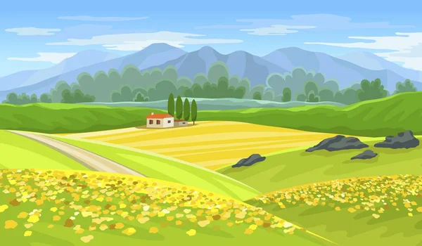 Letni piękny krajobraz z farmą i polami rzepaku. — Wektor stockowy