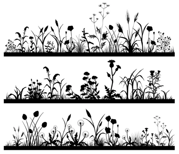 Tarla çiçeklerinin silueti ve bahçe çimleri seti, kelebek