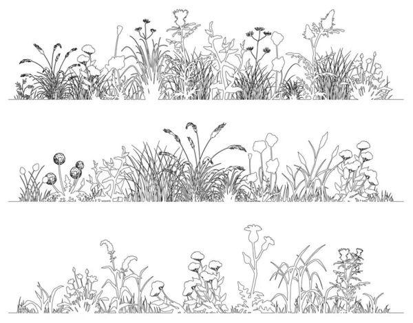 Veld bloemen en gras landschap set, lijn kunst — Stockvector