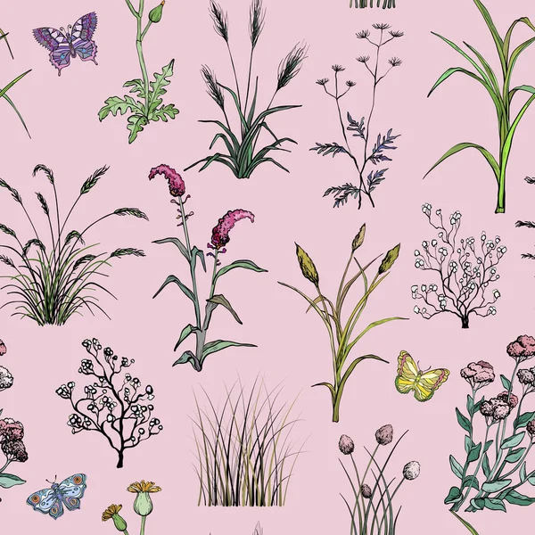 Бесшовный узор с ручным рисунком полевых цветов и травы — стоковый вектор