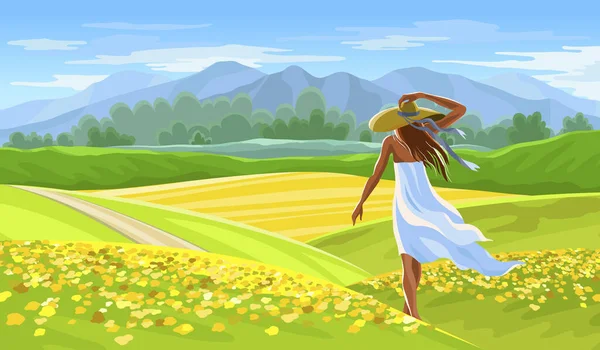 Fille en robe blanche sur Summer beau paysage avec champ de colza. Paysage Provence — Image vectorielle