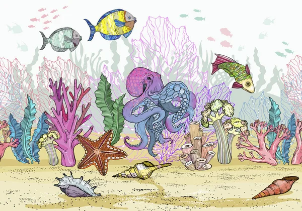 Patrón sin costura con arrecife de coral marino dibujado a mano, animal oceánico . — Vector de stock
