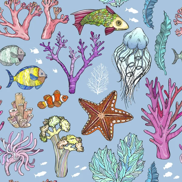 Patrón inconsútil con boceto de organismos vivos de aguas profundas, peces y algas — Vector de stock