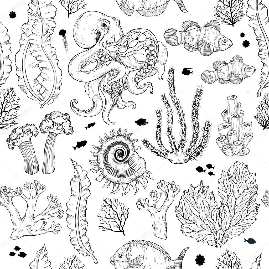 Seamless pattern with sketch of deepwater living organisms, fish and octopus. Black and white