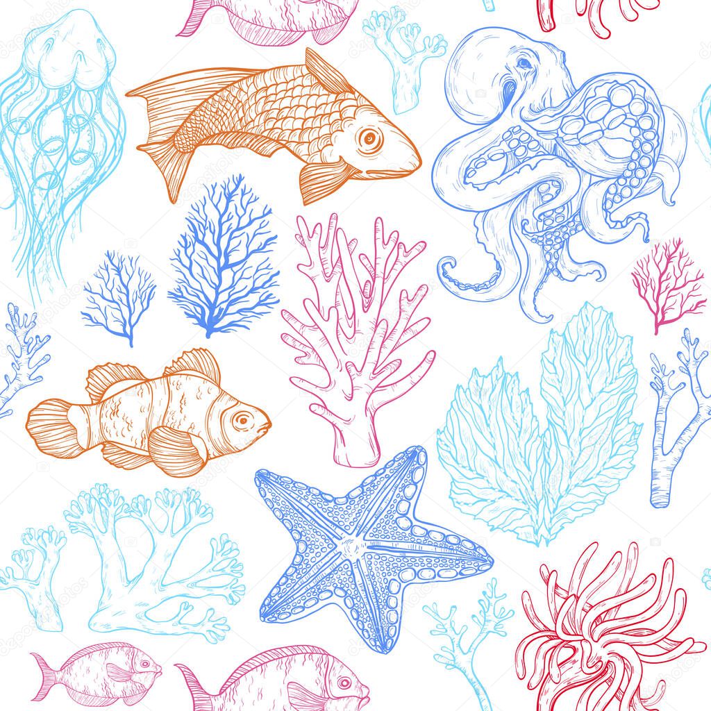 Seamless pattern with sketch of deepwater living organisms, fish, corals and octopus