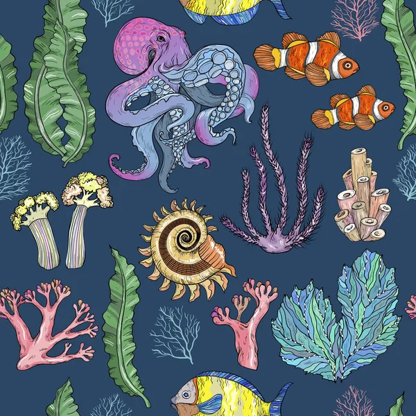 Seamless pattern with sketch of deepwater living organisms, fish and octopus — Stock Vector