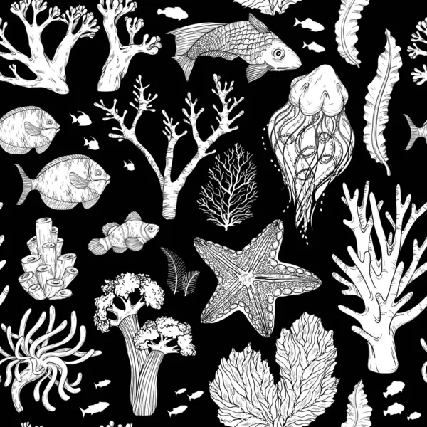 Modello senza cuciture con organismi viventi di acque profonde in bianco e nero, pesci e alghe — Vettoriale Stock
