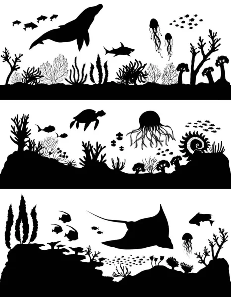 Silhouet van zeekoraalrif, oceanische dierenset. — Stockvector