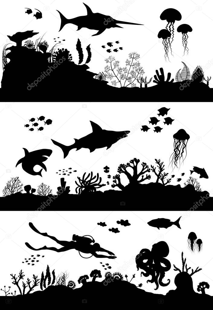 Silhouette of Hand drawn sea coral reef, oceanic animal set.