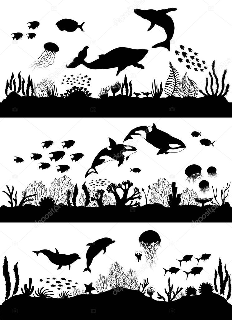 Silhouette of sea coral reef, oceanic animal set.