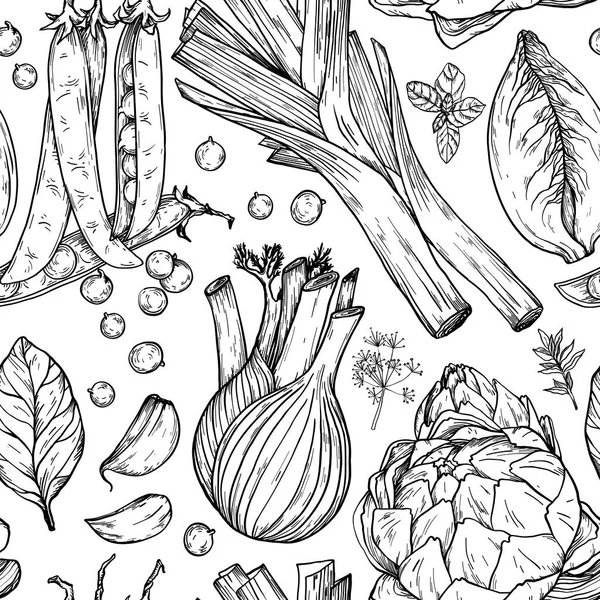 Patrón sin costuras con la naturaleza verduras mediterráneas. Comida orgánica fresca. Verduras vintage Dibujo dibujado a mano. Blanco y negro — Archivo Imágenes Vectoriales