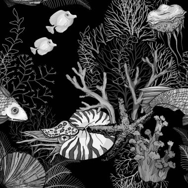 Kara ve beyaz desenli, karanlık okyanus gecesi, el yapımı deniz yaşamı..