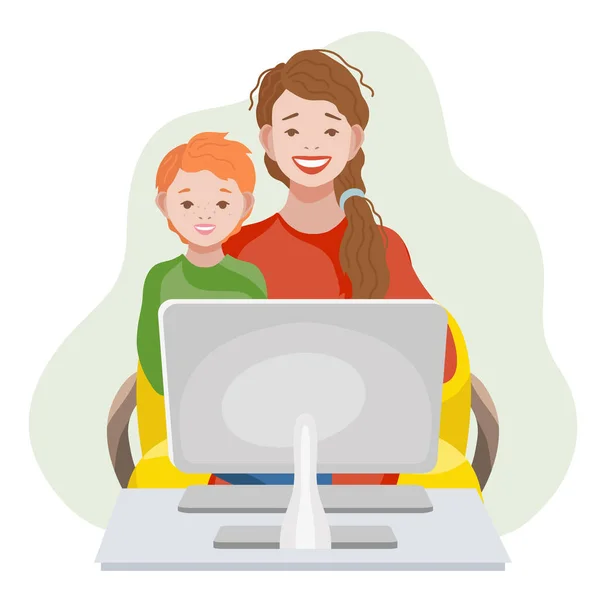 Educação online e aprendizagem para o conceito de crianças. Mãe e filho com computador — Vetor de Stock