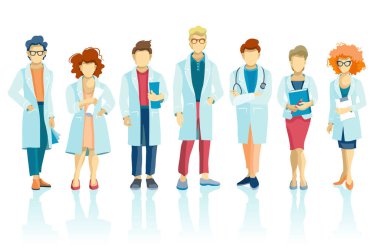 Bir grup doktor ve tıbbi personel, çeşitli pozlarda karakter. Hastane sağlık ekibi konsepti.