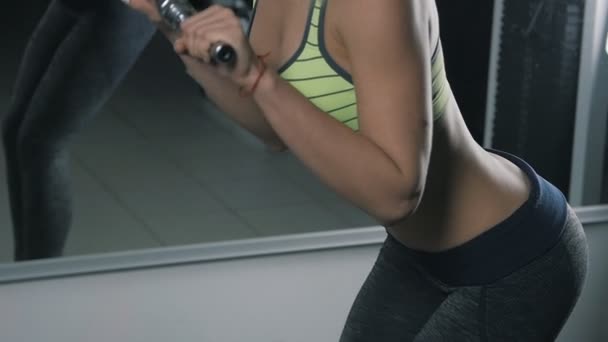 Close up van Fitness meisje Triceps stapelautomaat doen in een sportschool — Stockvideo
