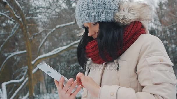Молодая симпатичная девушка в зимнем парке пользуется планшетным компьютером — стоковое видео