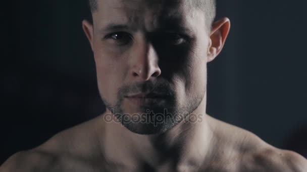 Close up Portrait of Man Boxer at Boxing Club — Stock Video