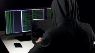 Hacker karanlık hacker odasından dizüstü bilgisayar ve bilgisayar kullanarak kod çatlama Hood