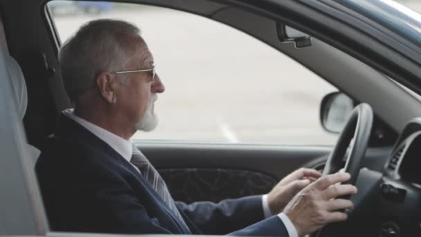 Starszy człowiek do samochodu. Biznesmen, siedząc w auto. — Wideo stockowe