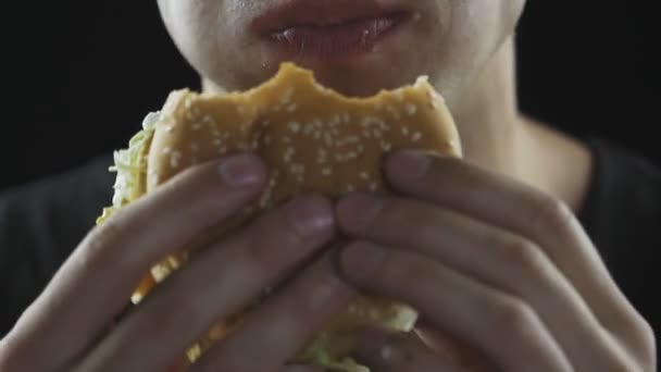 사람이 먹는 햄버거 timelapse를 닫습니다 — 비디오